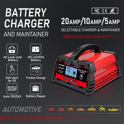 Automatic 12v 24V Battery Charger | Lead-Acid Battery Maintainer with LCD Display